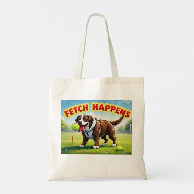 Fetch Happens Perro humorístico bolsa de tote fang (Reverso)