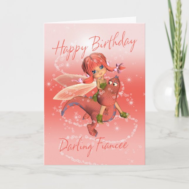 Fiancee tarjeta de cumpleaños cúta, dragón rosa co (Anverso)