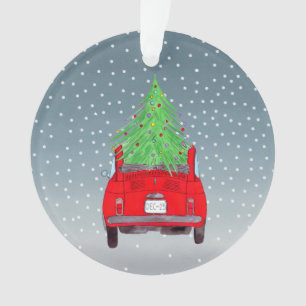 Fiat 500 con adorno acuarela de árbol de Navidad