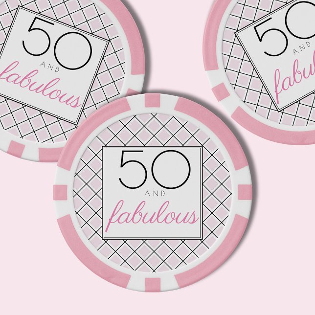 Ficha de póquer (50 and fabulous, blush pink checkered custom poker chips for 50th birthday party celebrations.)