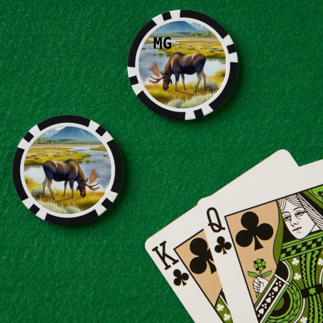 Ficha de póquer de alce con monograma acuarela (Mesa de Poker (Doble))