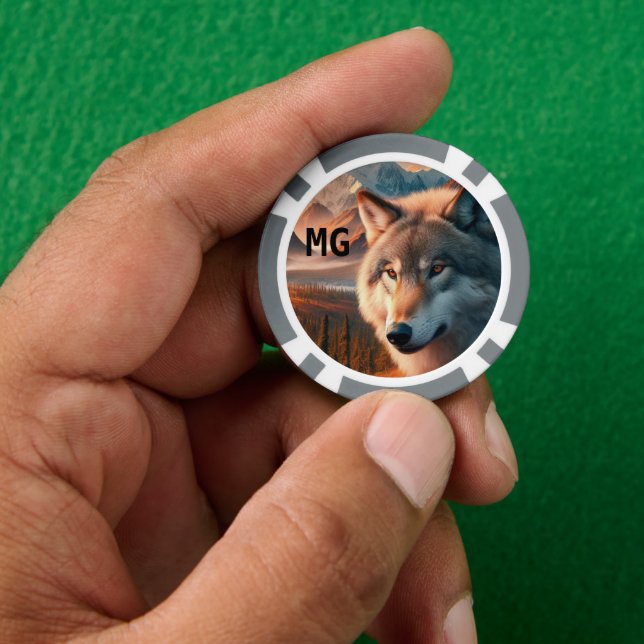 Ficha de póquer de lobo de acuarela con monograma (Mano)
