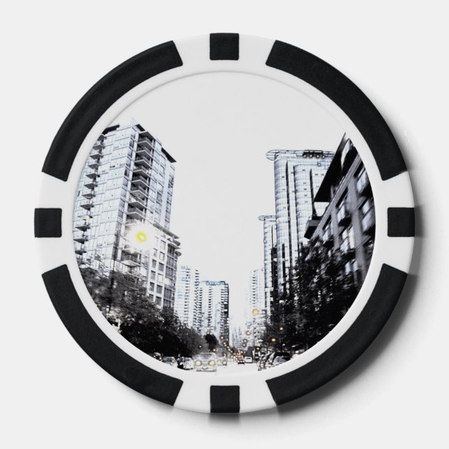 Ficha de póquer, fotografía de ciudad la noche (Anverso)