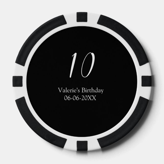 Fichas De Póquer 10th birthday white black name date calligraphy  (Anverso)