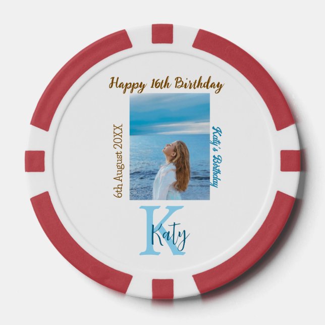Fichas De Póquer Aqua azul marrón feliz nombre de foto de 16 años (Anverso)