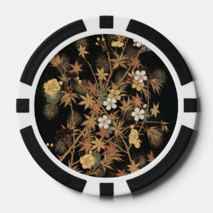 Fichas De Póquer Arte Floral de Otoño Vintage Japonés Negro Dorado