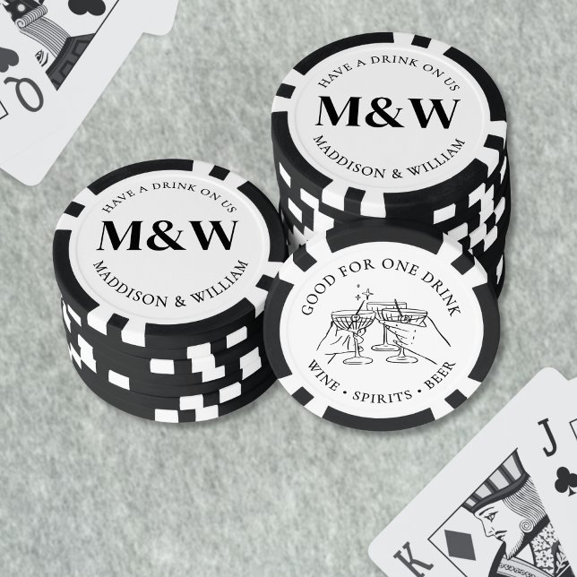 Fichas De Póquer Bebida de Boda blanco negro de cóctel (Cocktail Black White Wedding Drink Poker Chips)