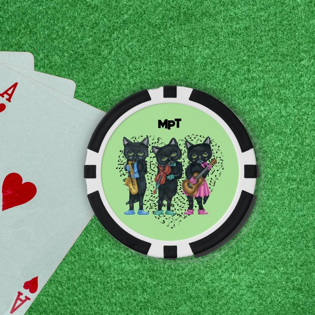 Fichas De Póquer Black Musical Cats Hearof the Notes Light Green (Cool black musical cat playing instruments on heart of music notes on light green poker chips.)