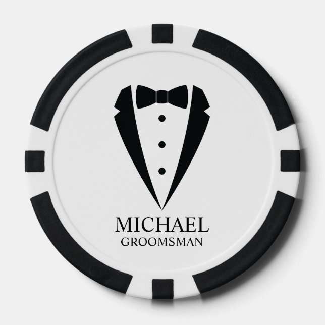 Fichas De Póquer Boda negro Tuxedo Suit Groomsmen personalizado (Anverso)