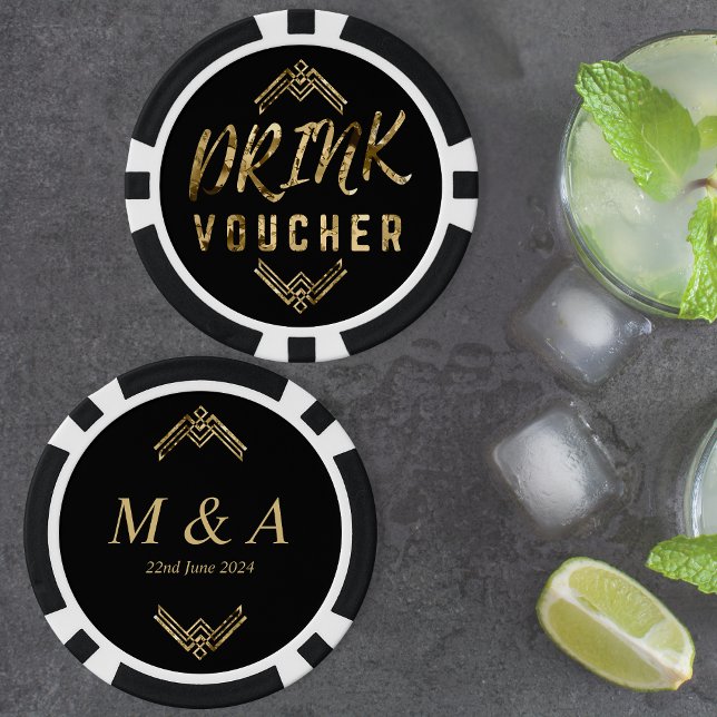 Fichas De Póquer Bolsa de oro negro Art Deco (Art Deco Black Gold Drink Voucher Poker Chips)