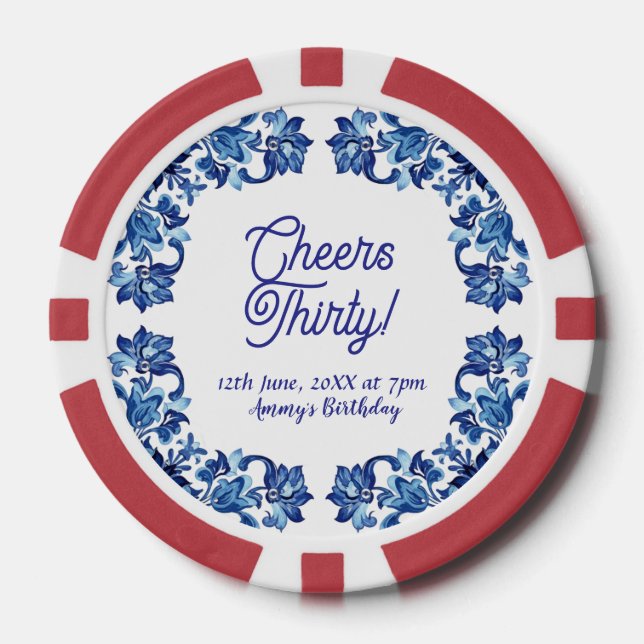 Fichas De Póquer Cheers thirty birthday royal blue floral border na (Anverso)