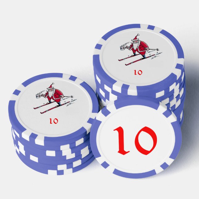 Fichas De Póquer Chip de poker a rayas azul de Santa Skiing 10 (Pila)