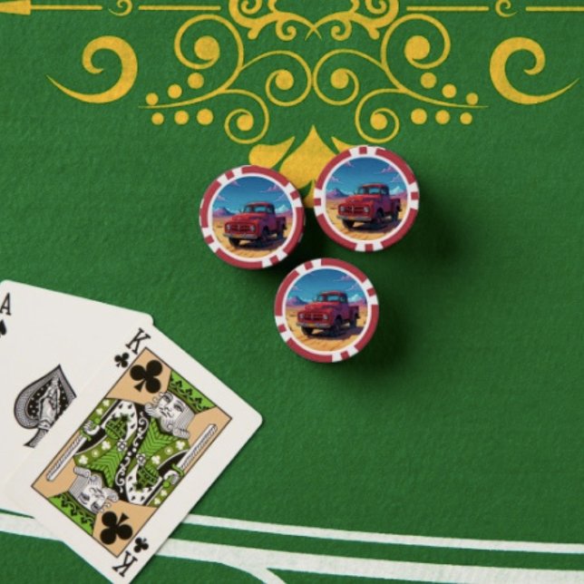 Fichas de póquer clásicas de camioneta estadounide (Antique Red Truck Poker Chips. Full colour graphics textured surface easy stacking 9 colours. )