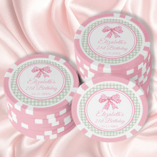 Fichas De Póquer Coquette Pink Bow Y Sage Gingham Birthday