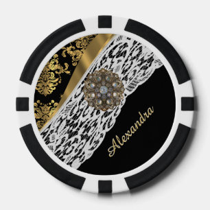 Fichas De Póquer Cristal de encaje blanco negro y dorado