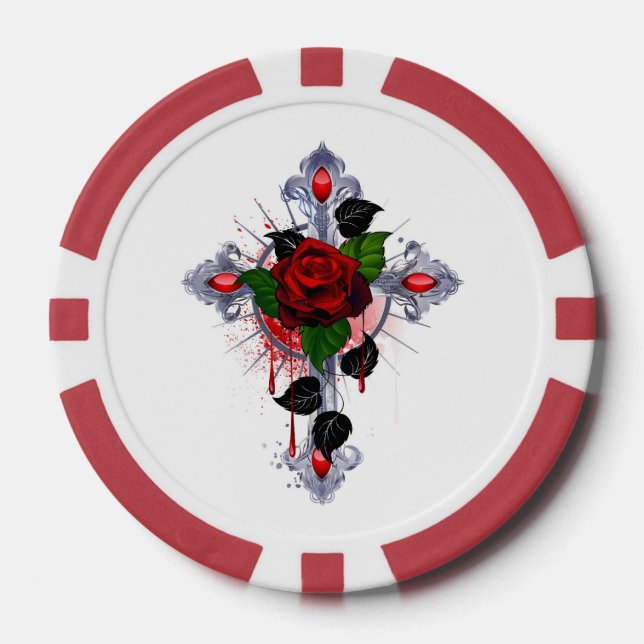 Fichas De Póquer Cruz de Plata con una Rosa Roja (Anverso)