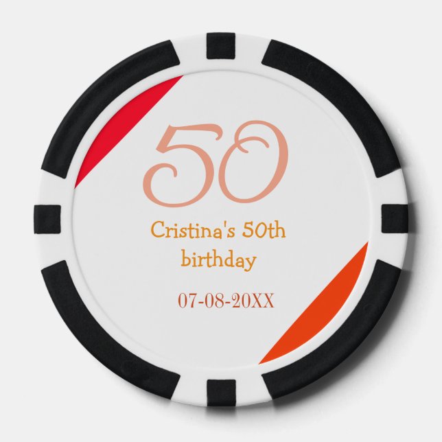 Fichas De Póquer Cumpleaños 50 aniversario rojo naranja agregar nom (Anverso)