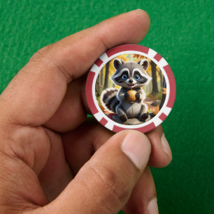 Fichas De Póquer Cute Kawaii estilo Racoon sosteniendo una bellota