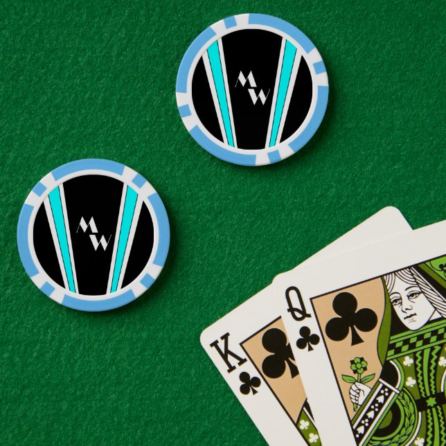 Fichas De Póquer Diseño Art Deco Negro Y Azul Monogramado (Mesa de Poker (Doble))