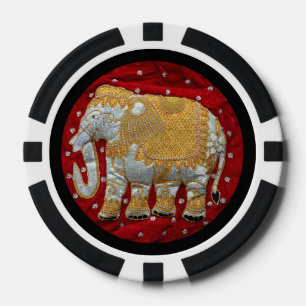 Fichas De Póquer Elefante indio embellecido rojo y oro