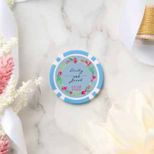Fichas De Póquer Elegante Boda azul claro de flores rosadas