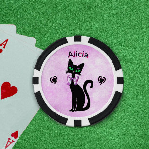 Fichas De Póquer Elegante Gato Negro Lazo Grande Corazones Rosados 