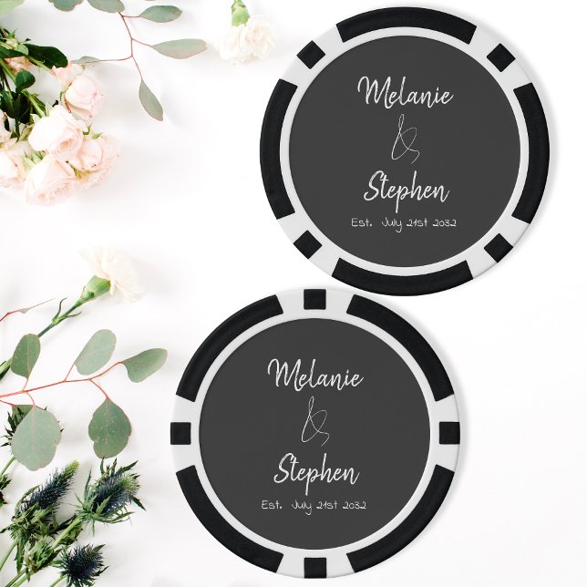 Fichas De Póquer Elegante Script Pareja Nombres Tipografía de fecha (Elegant Script Couple Names Date Typography Gray Poker Chips)