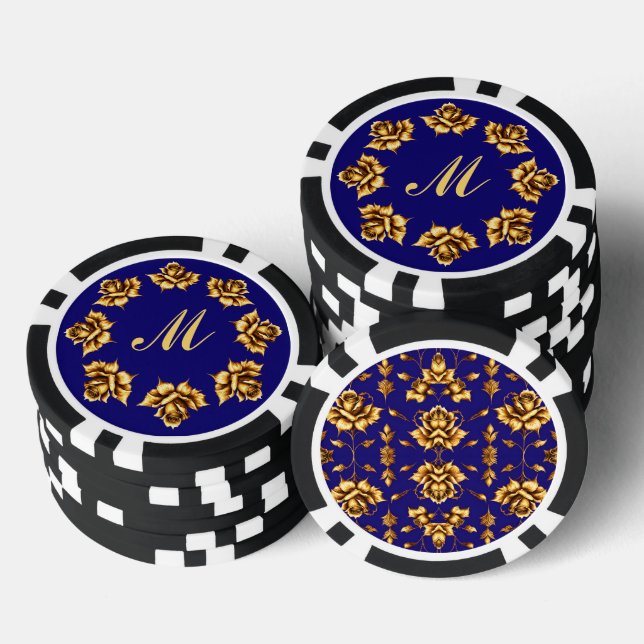 Fichas De Póquer Elegantes rosas dorados sobre azul real, Monograma (Pila)
