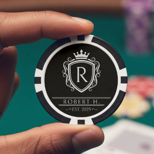 Fichas De Póquer Escudo decorativo con corona monograma negro