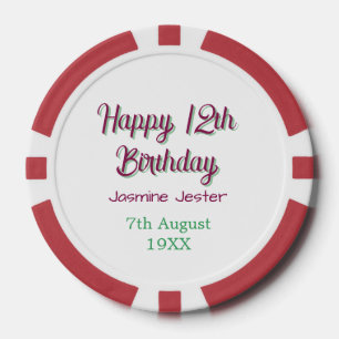 Fichas De Póquer feliz cumpleaños 12 verde rosa nombre fecha simple