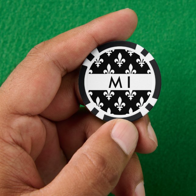 Fichas De Póquer Fleur de Lis, Blanco sobre Negro, Blanco, Tu Nombr (Mano)