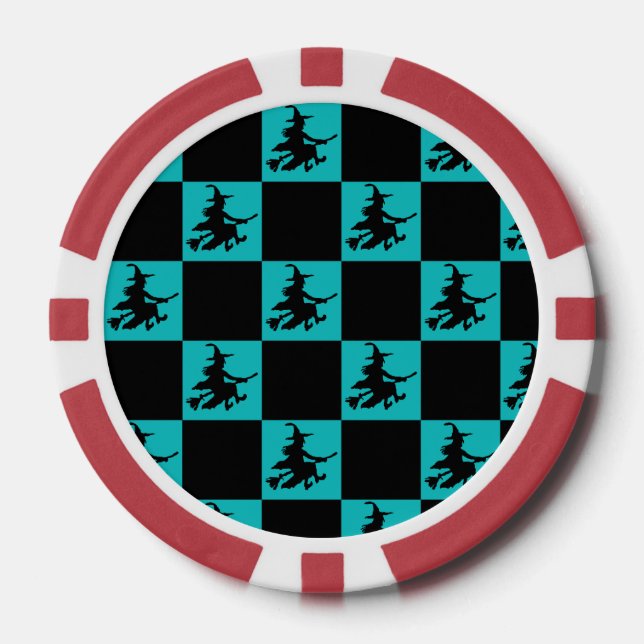 Fichas De Póquer Flying Witch Black & Teal Checkered Poker Chips (Anverso)