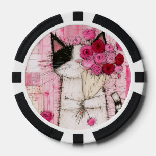 Fichas De Póquer Gato esmoquin sosteniendo un ramo de rosas rosadas