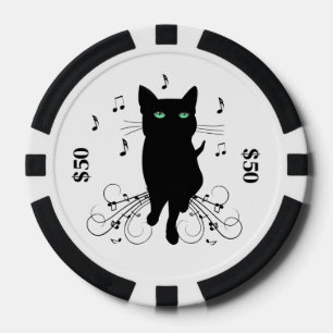 Fichas De Póquer Gato negro rodeado de notas susurrantes de música