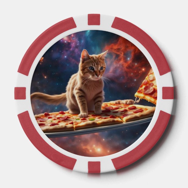 Fichas De Póquer Gato surcando una pizza en el cosmos (Anverso)