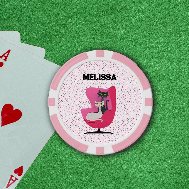 Fichas De Póquer Gatos sofisticados con puntos de presidente rosado (Sophisticated cats in pink mid century chair on white with pink dots poker ships.)