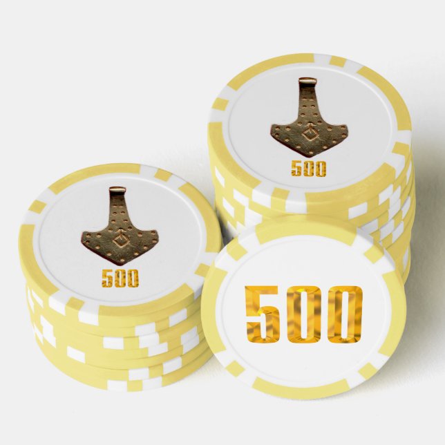 Fichas De Póquer Gold Thor Hammer blanco amarillo 500 rayas chip de (Pila)