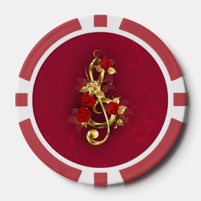 Fichas De Póquer Golden Treble Clef con flores Rosas (Anverso)