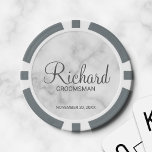Fichas De Póquer Groomsman personalizado con escritura moderna de m<br><div class="desc">Regalos Groomsman personalizados con el nombre personalizado del groomsman en estilo de letra gris moderno con el título y la fecha boda en el estilo de letra sans serif moderno sobre fondo de mármol blanco. También perfecto para el mejor hombre, padre de la novia y más. Los detalles de mármol...</div>