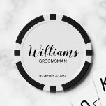 Fichas De Póquer Groomsman personalizado con guión moderno<br><div class="desc">Regalos personalizados de Groomsman con el nombre personalizado del groomsman en un estilo de letra negro moderno con el título y la fecha boda en sans serif moderno estilo de fuente sobre fondo blanco. También perfecto para el mejor hombre,  padre de la novia y más.</div>