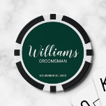 Fichas De Póquer Groomsman personalizado con guión moderno<br><div class="desc">Regalos personalizados de Groomsman con el nombre personalizado del groomsman en un estilo de letra blanco moderno con el título y la fecha boda en un estilo de letra sans serif moderno con fondo verde esmeralda. También perfecto para el mejor hombre,  padre de la novia y más.</div>