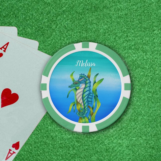 Fichas De Póquer Hipoahorse de mar Fantasy Aqua Blue Green Seaweed  (Fantasy seahorse aqua blue green seaweed on watery blue background poker ships.)