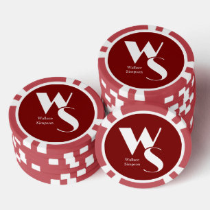 Fichas De Póquer Iniciales Monogramadas Nombre Rojo y Blanco Juego