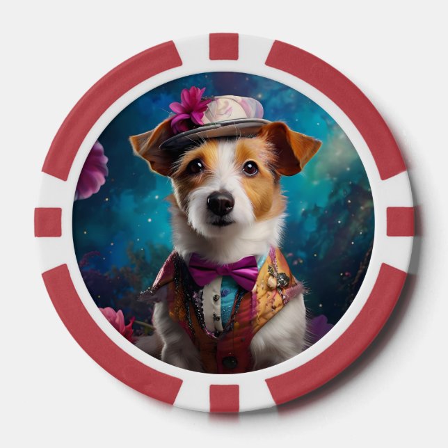 Fichas De Póquer Jack Russell, gorra blanco, flor rosa (Anverso)