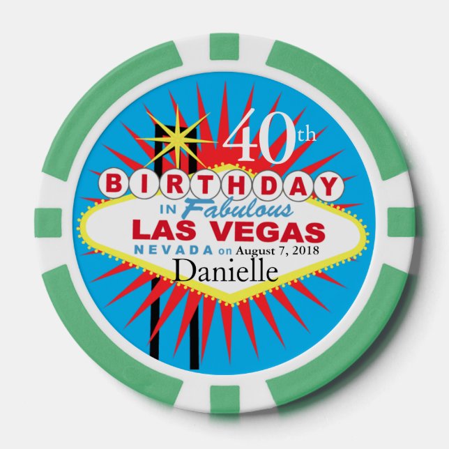 Fichas De Póquer Las Vegas 40th Birthday Casino Chip azul verde (Anverso)