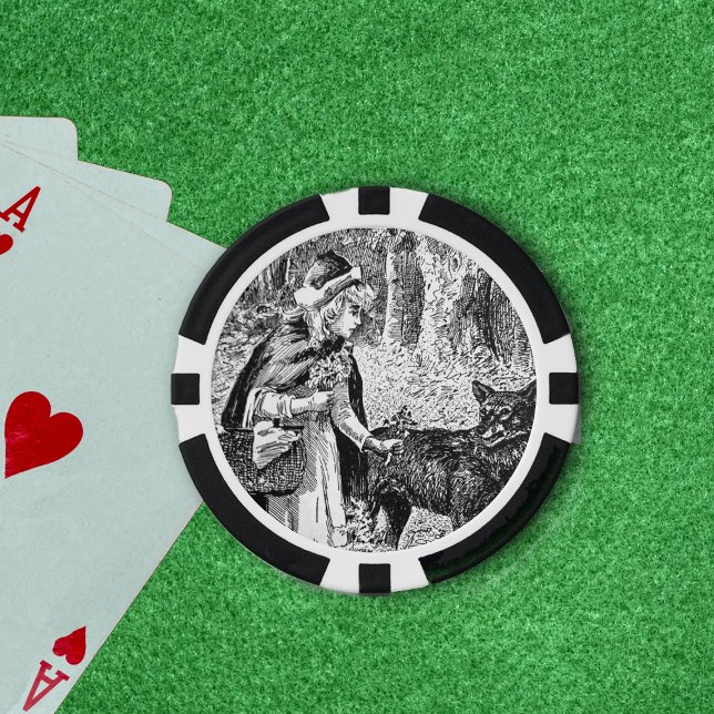 Fichas De Póquer Lobo de capucha roja en ilustracion en los bosques (Red riding hood with wolf black and white in forest with flowers on poker chips.)