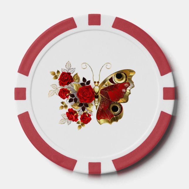Fichas De Póquer Mariposa de flor roja con rosas rojas (Anverso)