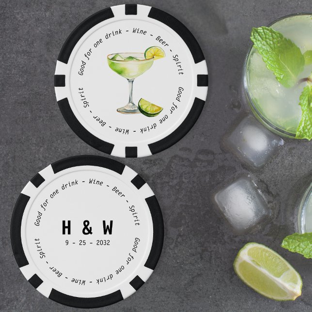 Fichas De Póquer Moderna Margarita blanca negra blanca Boda de cupó (Modern Black White Margarita Drink Voucher Wedding Poker Chips)