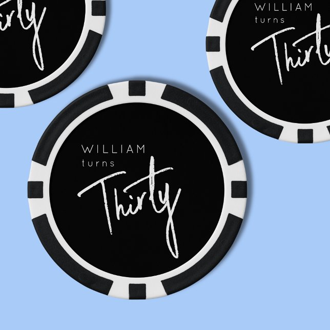 Fichas De Póquer Moderno 30.ª fiesta de 30 años (Thirtieth birthday black & white poker chip for man's 30th birthday party celebrations. )