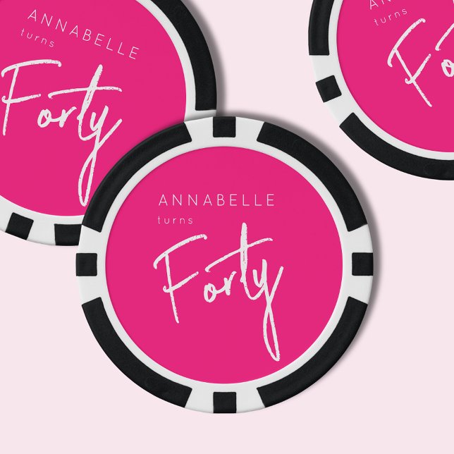 Fichas De Póquer Moderno 4040º cumpleaños Rosa (Hot pink custom poker chips for 40th birthday party celebrations.)